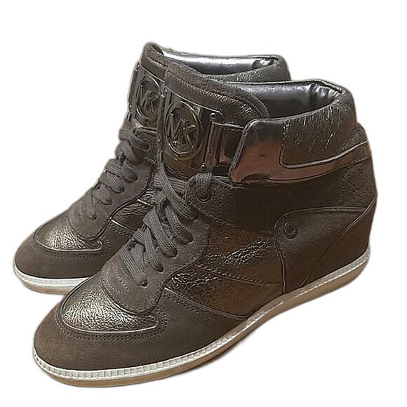 MICHAEL KORS NIKKO HIGH TOP WEDGE SNEAKERS Brown Suede Hidden Wedge Women's 7.5 - Picture 4 of 13